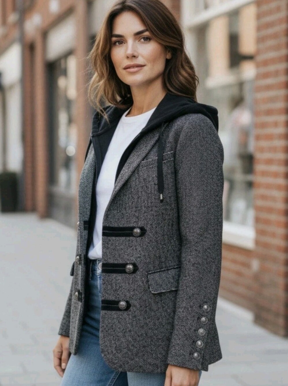 Free People Womens S Open Front Jacket Gray Black Metal Button Hooded Wool Tweed